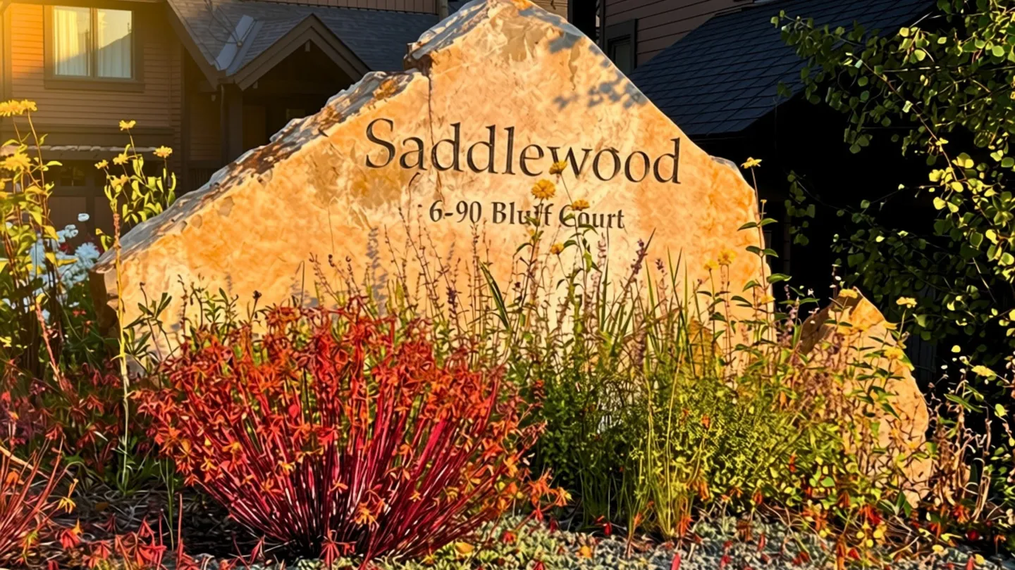 Large stone monument sign reading Saddlewood 6-90 Bluff Court surrounded by landscaping plants.