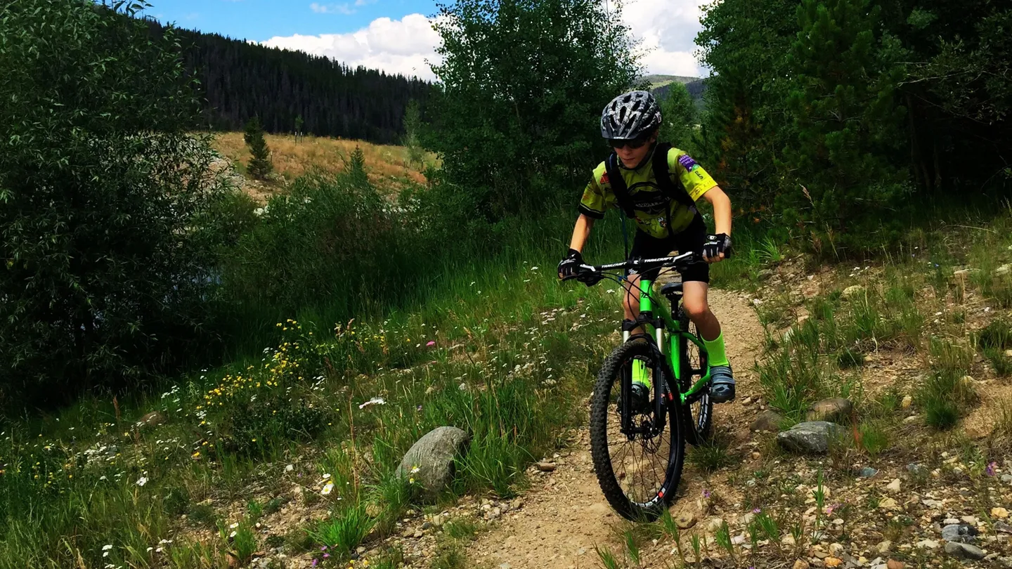A person riding a mountain bike along a narrow dirt trail bordered by green grass and pine trees.