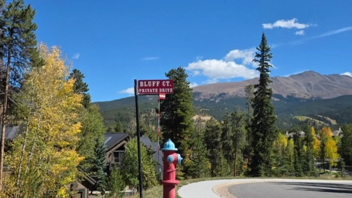 Street sign for Bluff Ct. Private Drive next to a red fire hydrant with mountain scenery in the background.