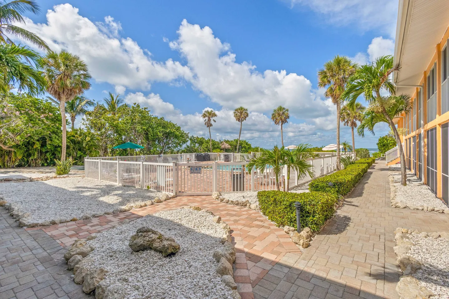 Outdoor courtyard paved walkway leading to a fenced-in swimming pool surrounded by palm trees and tropical landscaping.