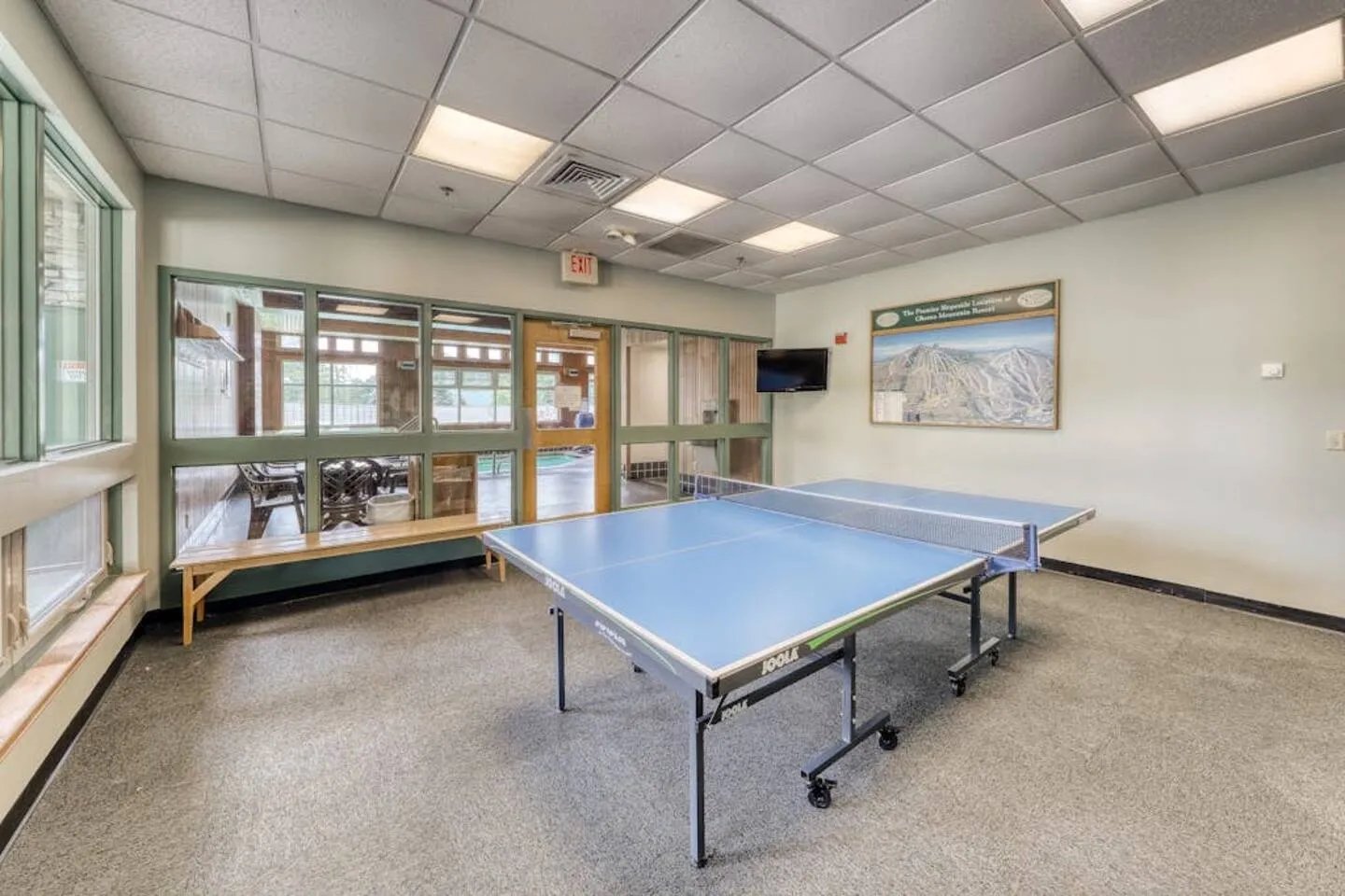 Indoor game room featuring a blue ping pong table, carpeted flooring, and glass windows overlooking an adjacent pool area.