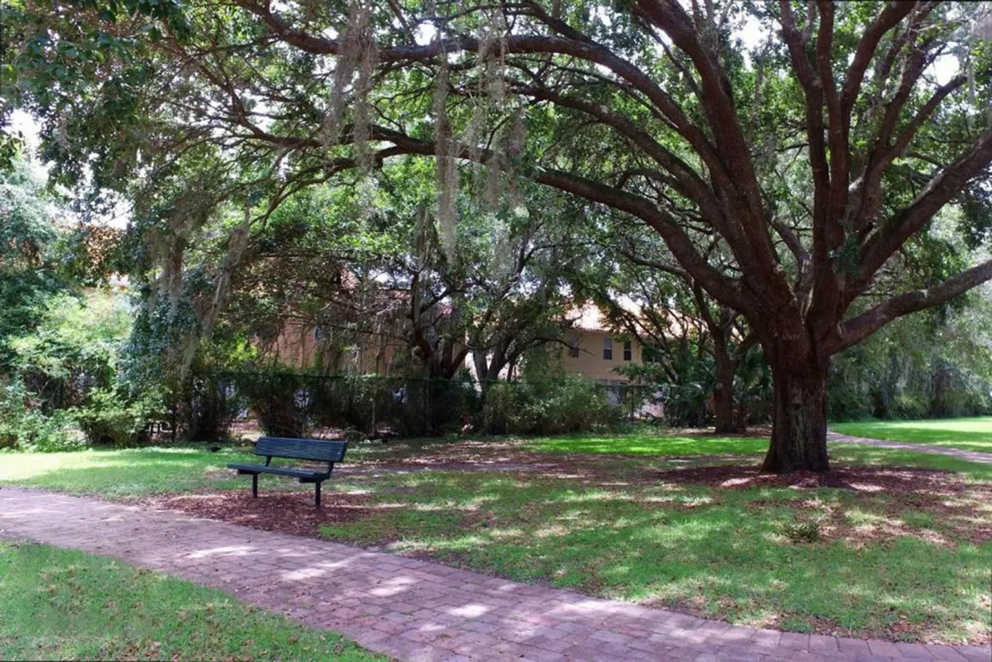 A brick pathway alongside a park bench beneath large oak trees with Spanish moss.