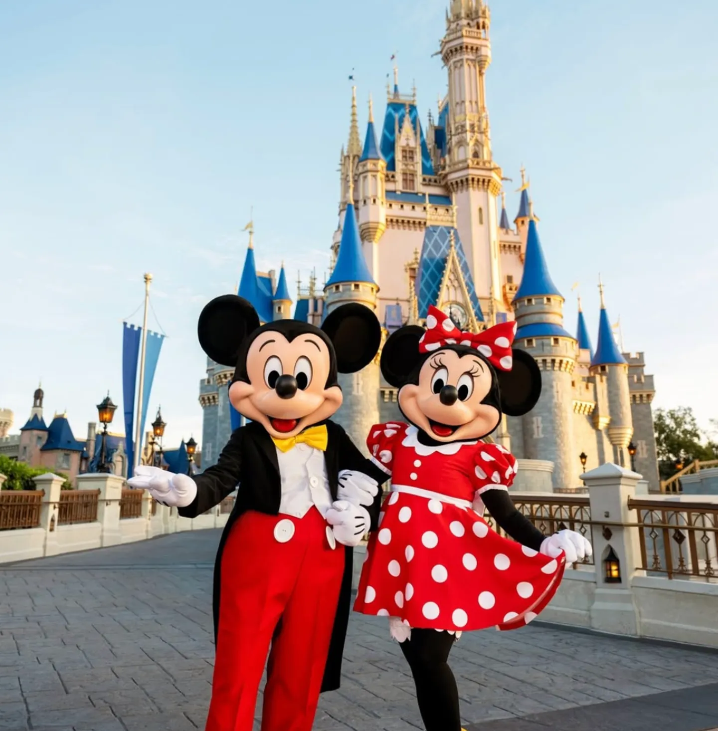 Mickey Mouse and Minnie Mouse standing outdoors on a paved walkway in front of a fairy-tale castle under a clear sky.