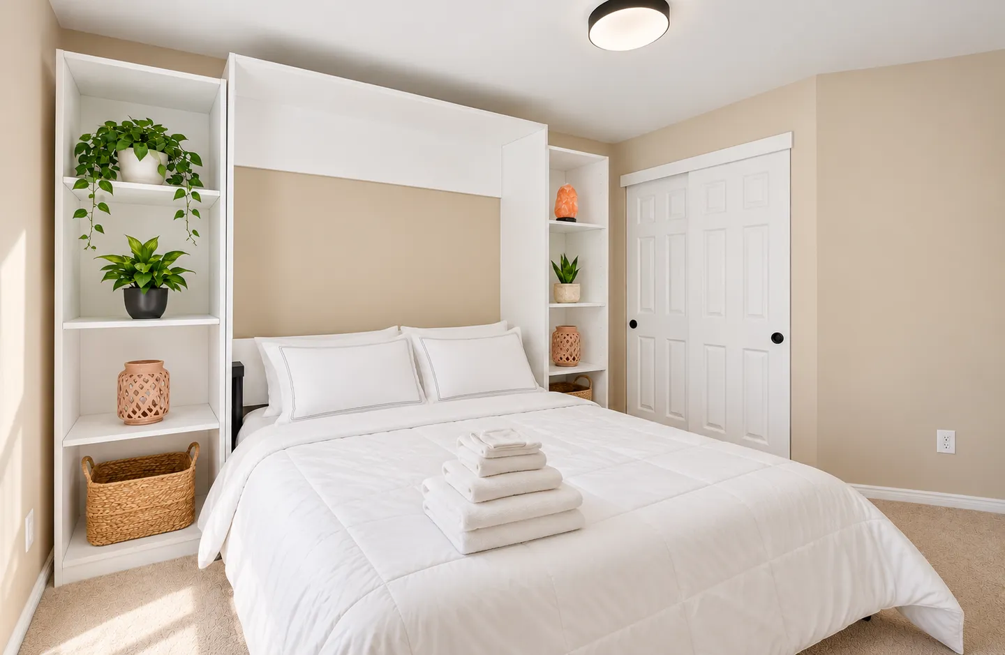 Bedroom featuring a white pull-down wall bed flanked by shelving units with potted plants and decor, alongside a white closet door.