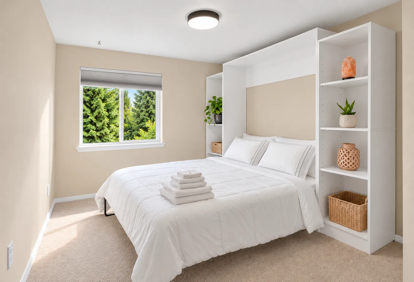 Bedroom with a bed framed by white built-in shelving, carpeted floor, and a window showing green trees.