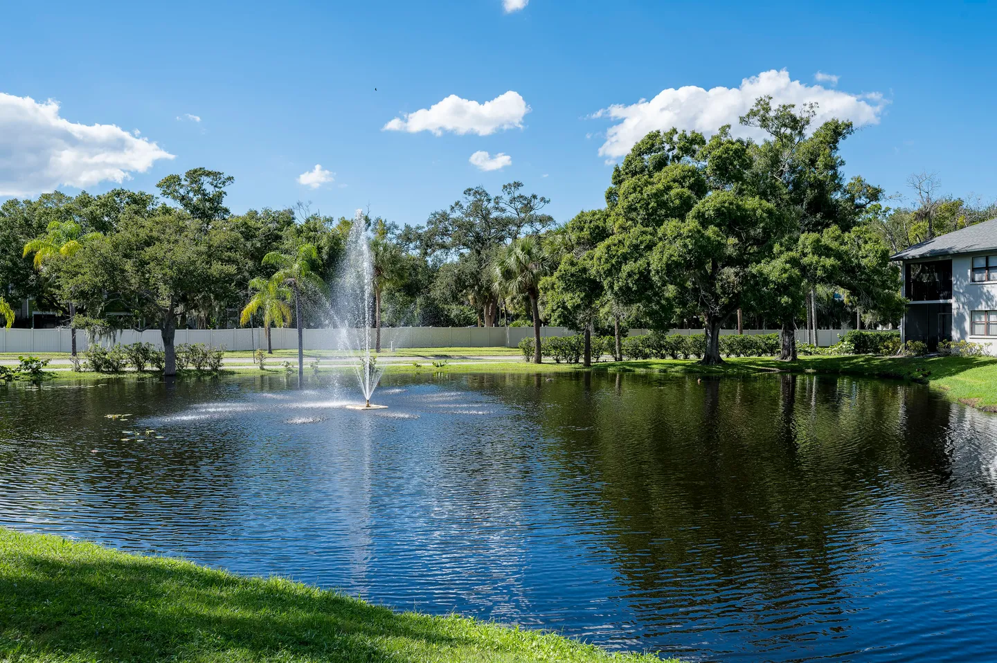 A pond with a spraying water fountain surrounded by green grass and mature trees under a sunny sky.