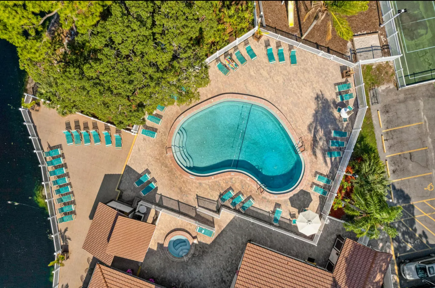 Aerial view of a curved outdoor swimming pool and hot tub surrounded by a paved patio, lounge chairs, and trees.