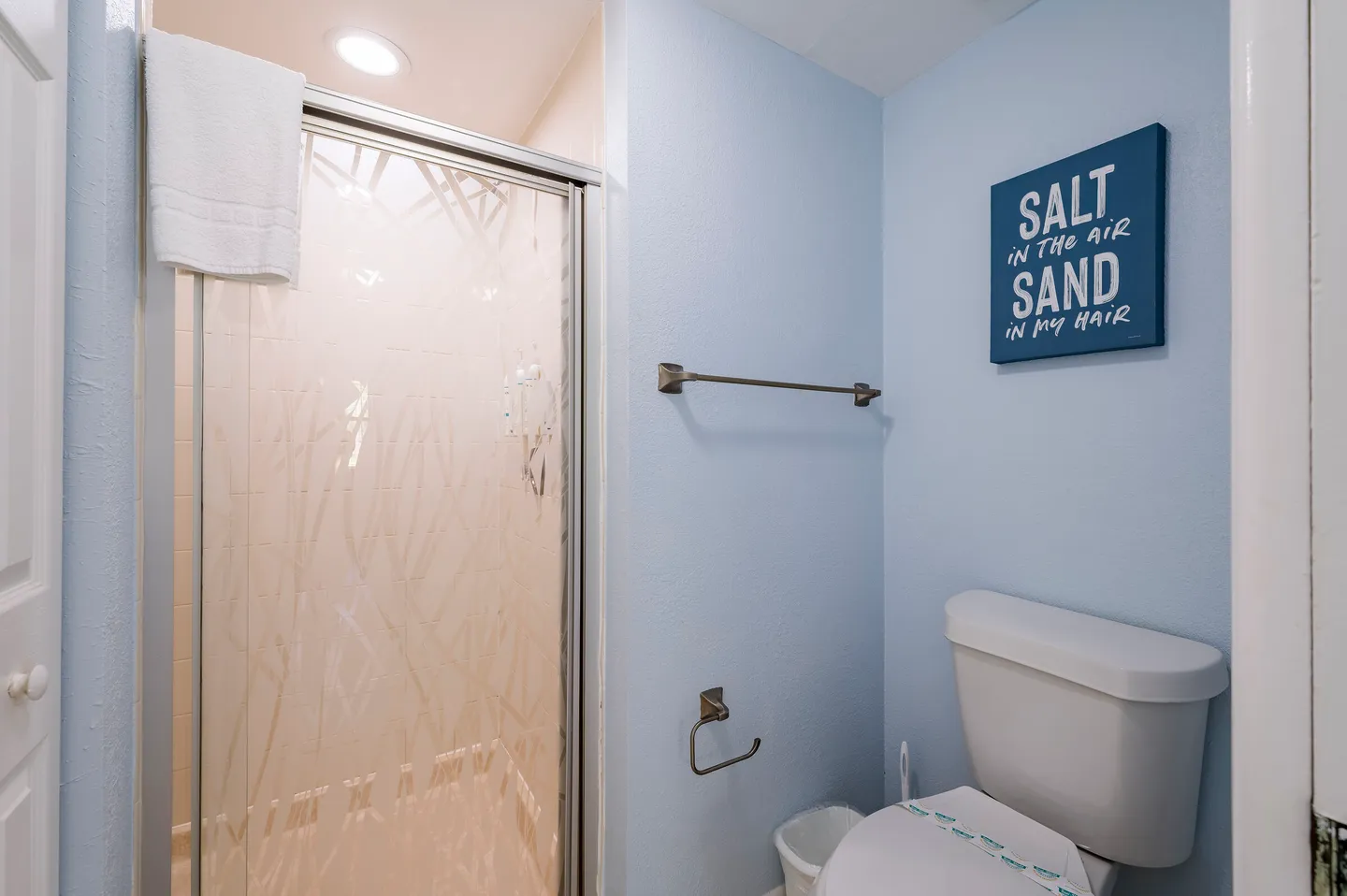 Bathroom with light blue walls, a white toilet, and a glass-enclosed shower stall with decorative patterned glass.