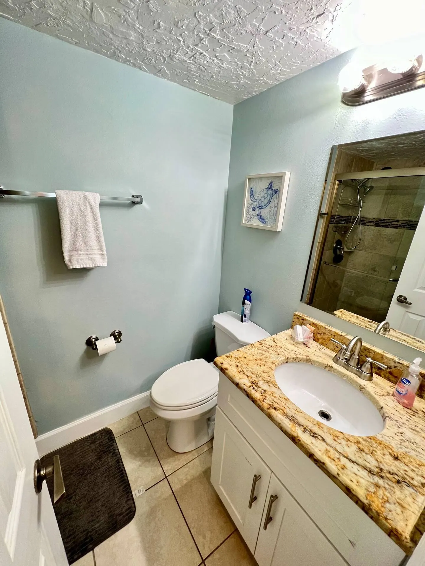 Bathroom with light blue walls, a white vanity with granite-style countertop, a white toilet, and a glass-enclosed shower visible in the mirror.