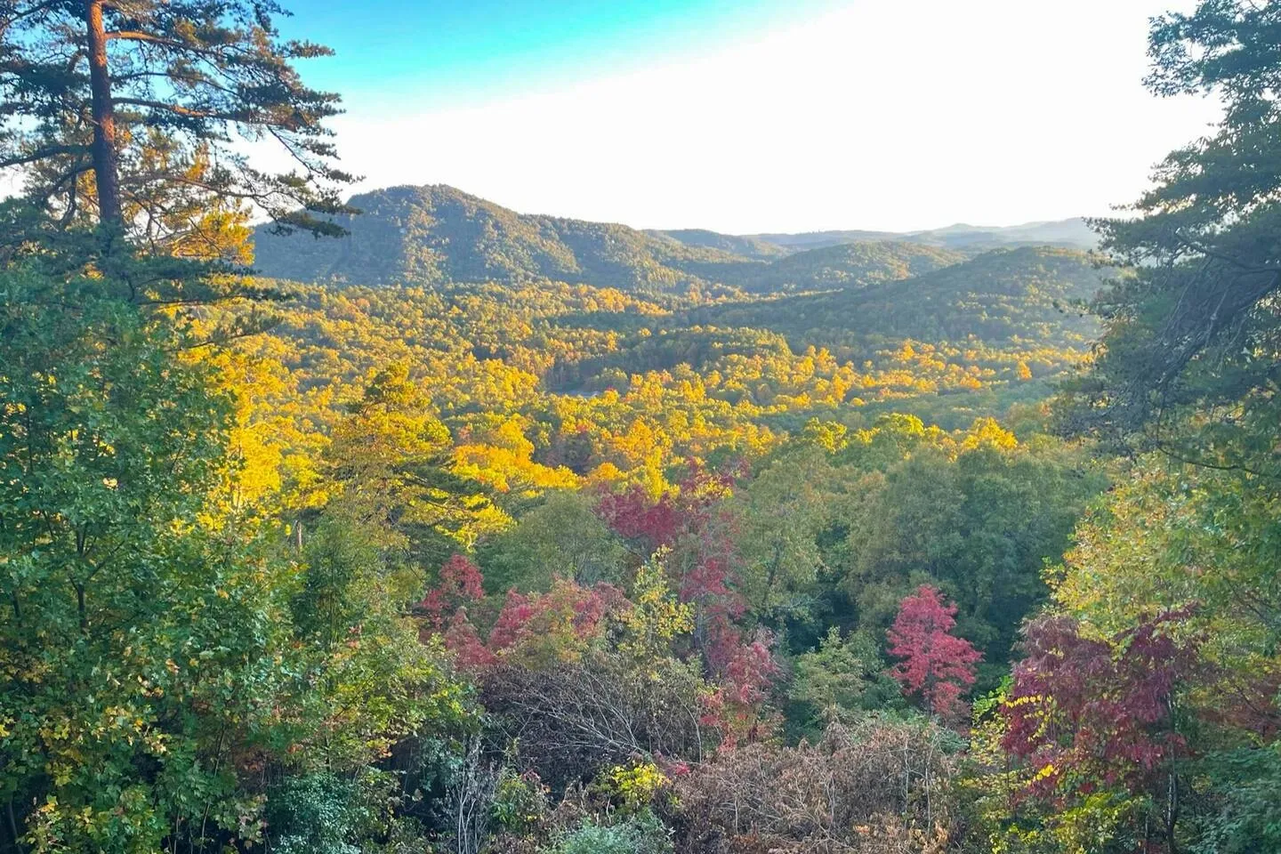 Elevated scenic view of rolling mountains covered in dense autumn foliage under a bright sky.