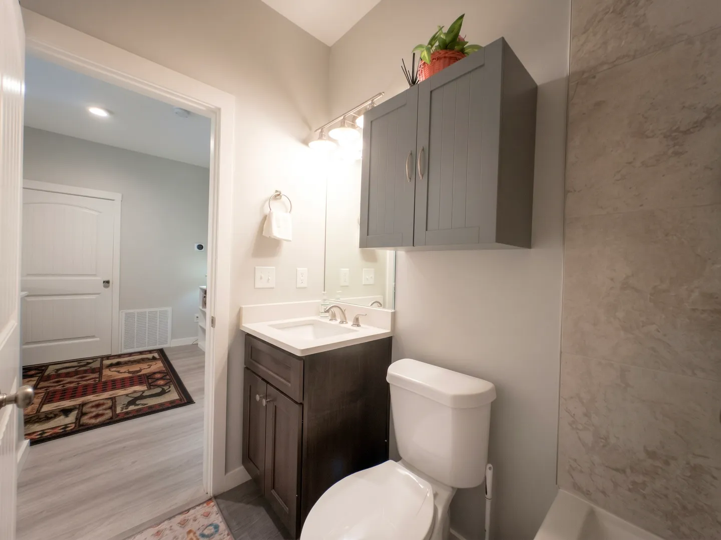 Bathroom showing a white toilet, dark wood vanity with white countertop, wall-mounted gray cabinet, and a view into an adjacent room.