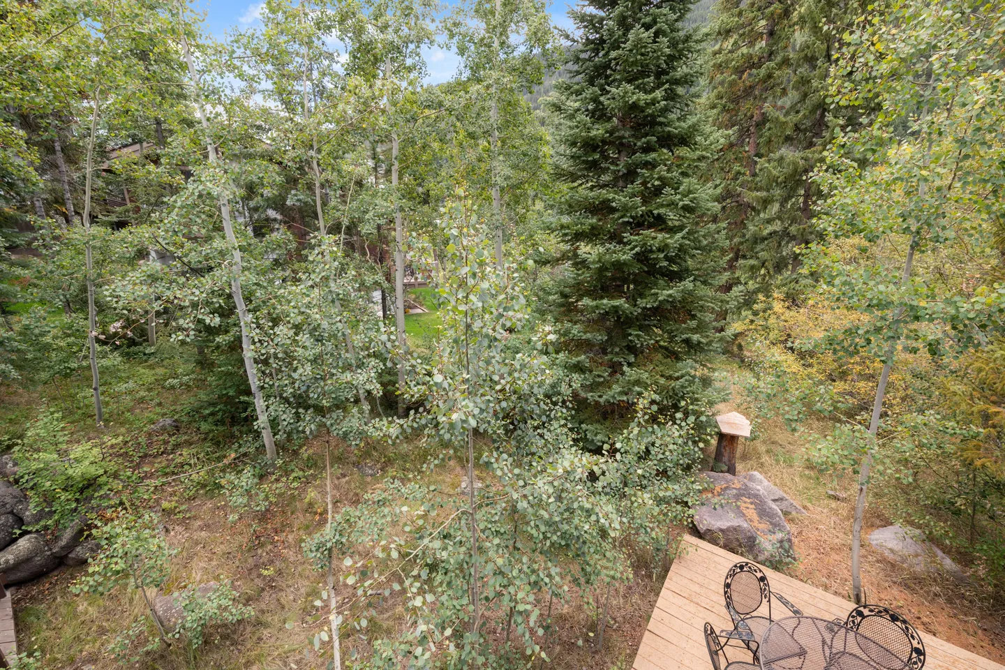 An elevated view looking down onto dense forest trees, with the corner of an outdoor wood deck and patio furniture visible below.
