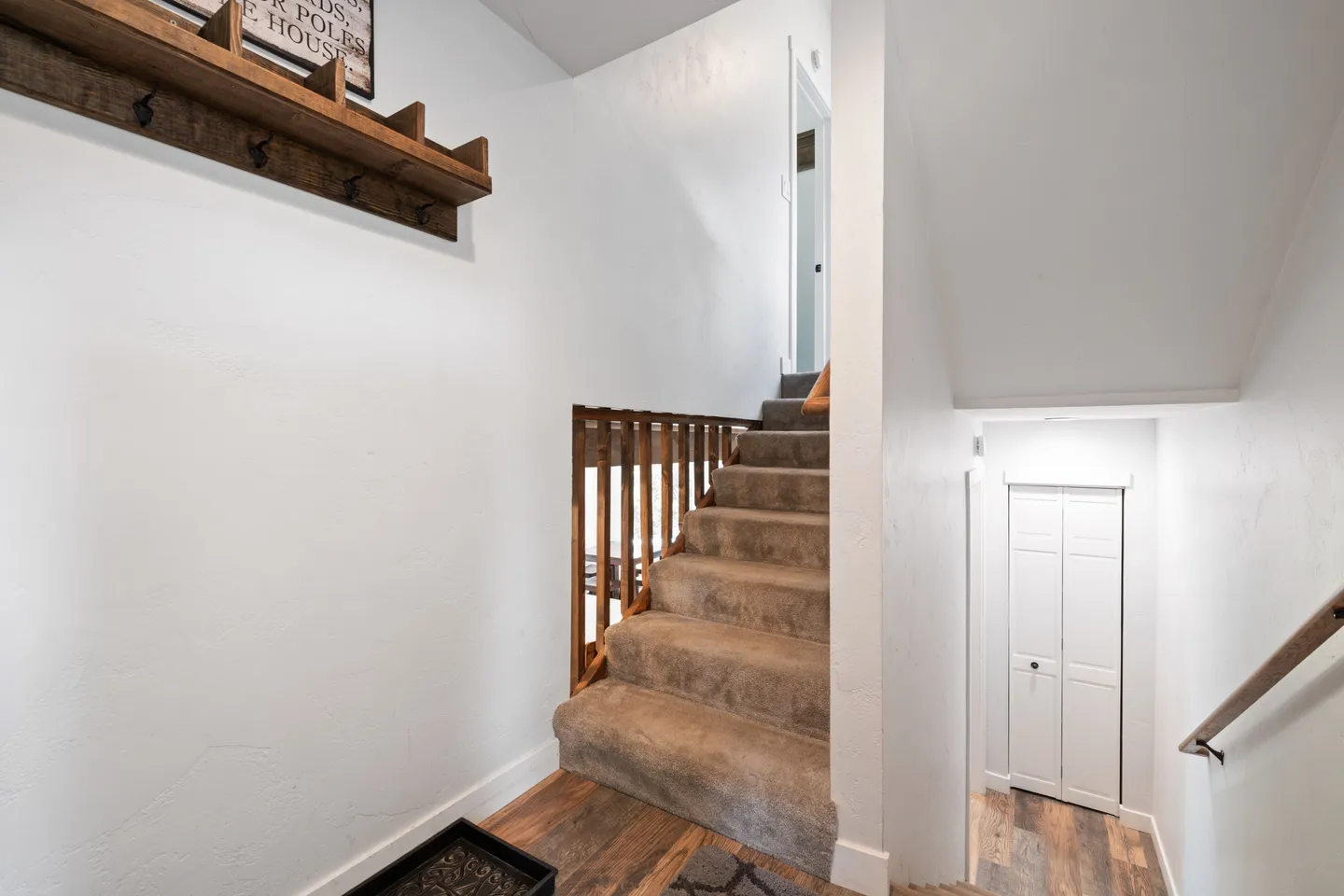 Entryway landing with wood-look flooring showing carpeted stairs leading up and another set of stairs leading down.