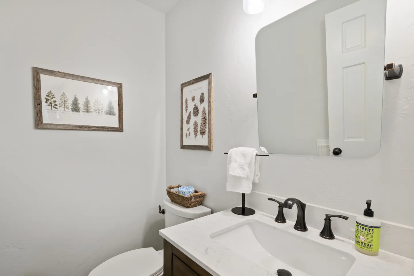 Bathroom with a white vanity countertop, undermount sink, dark faucet, frameless mirror, toilet, and botanical framed prints on light walls.