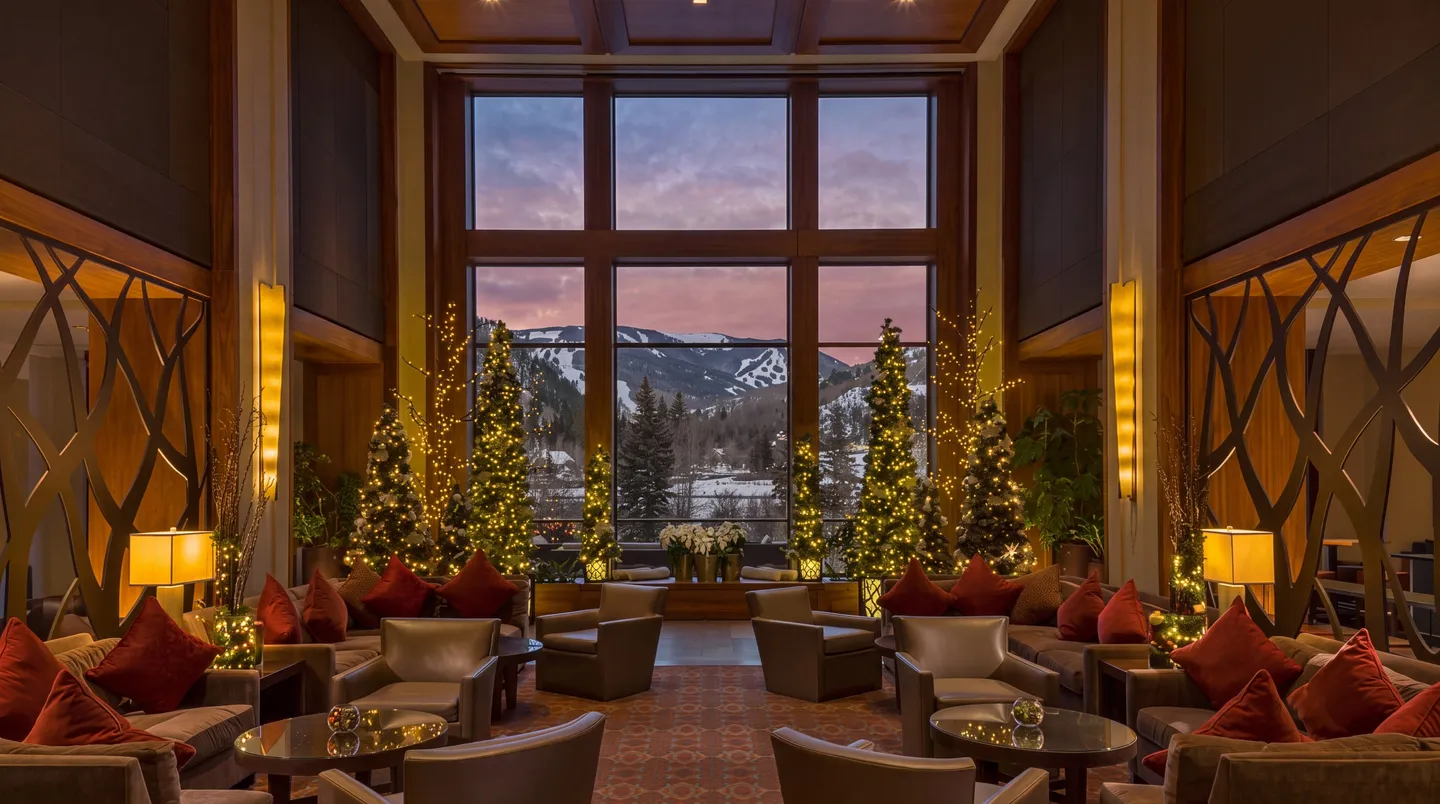 Spacious lounge area with tall windows looking out toward snow-capped mountains at dusk, decorated with illuminated trees and comfortable armchairs.