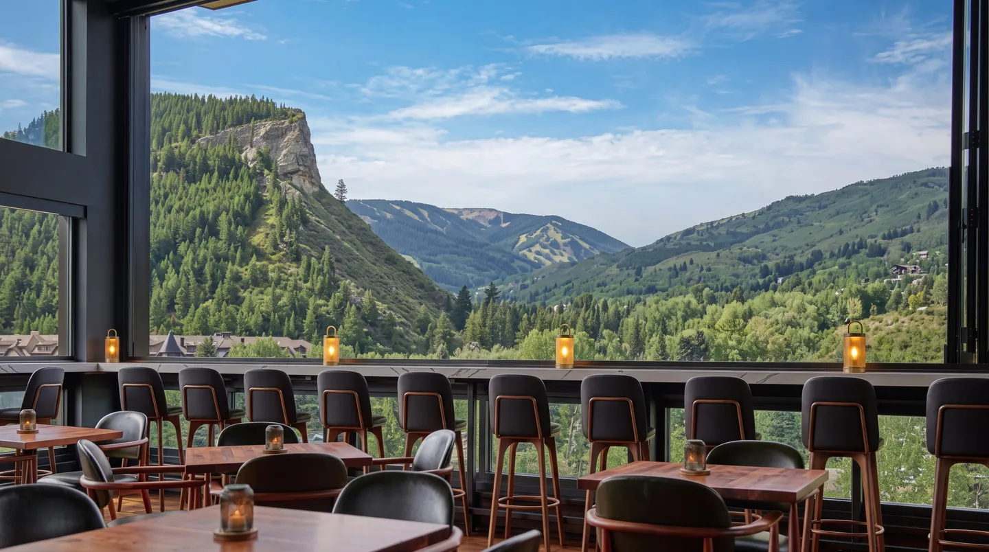 Indoor dining room featuring a long counter with barstools facing large open windows overlooking tree-covered mountains under a blue sky.