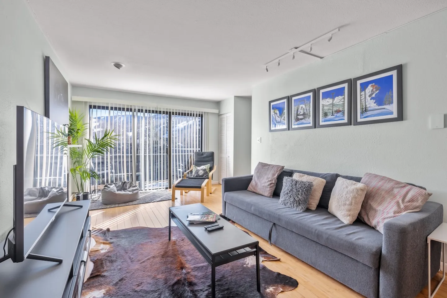 Living room with a gray sofa, coffee table on an animal-print rug, television, and sliding glass doors leading to a balcony.