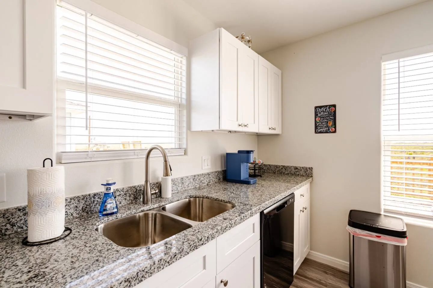 Kitchen counter with a stainless steel undermount double sink, speckled countertop, white cabinetry, and windows with white blinds.