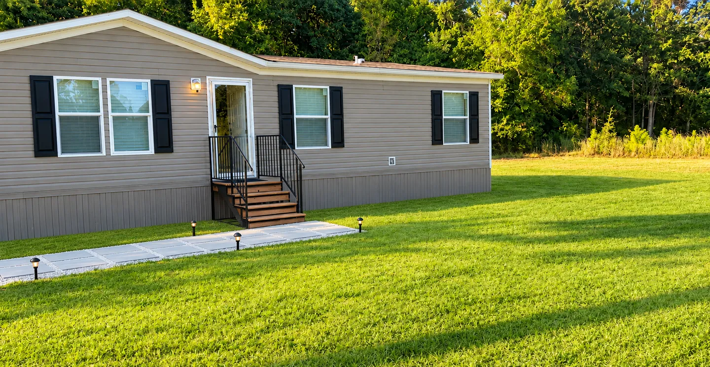 Exterior of a manufactured home with beige siding, black shutters, wooden steps, and a paved walkway leading across a grassy lawn.