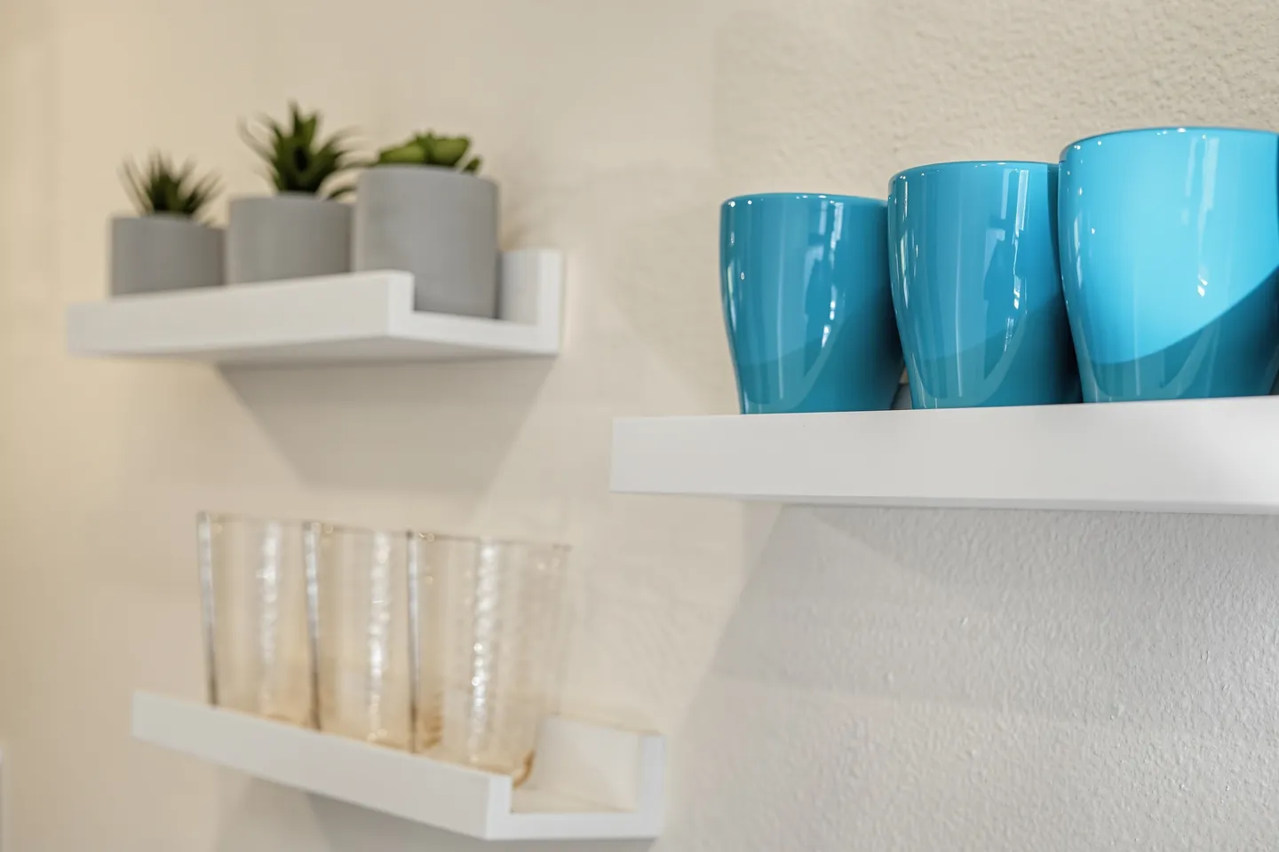Close-up of floating white wall shelves holding potted plants, blue ceramic mugs, and drinking glasses.