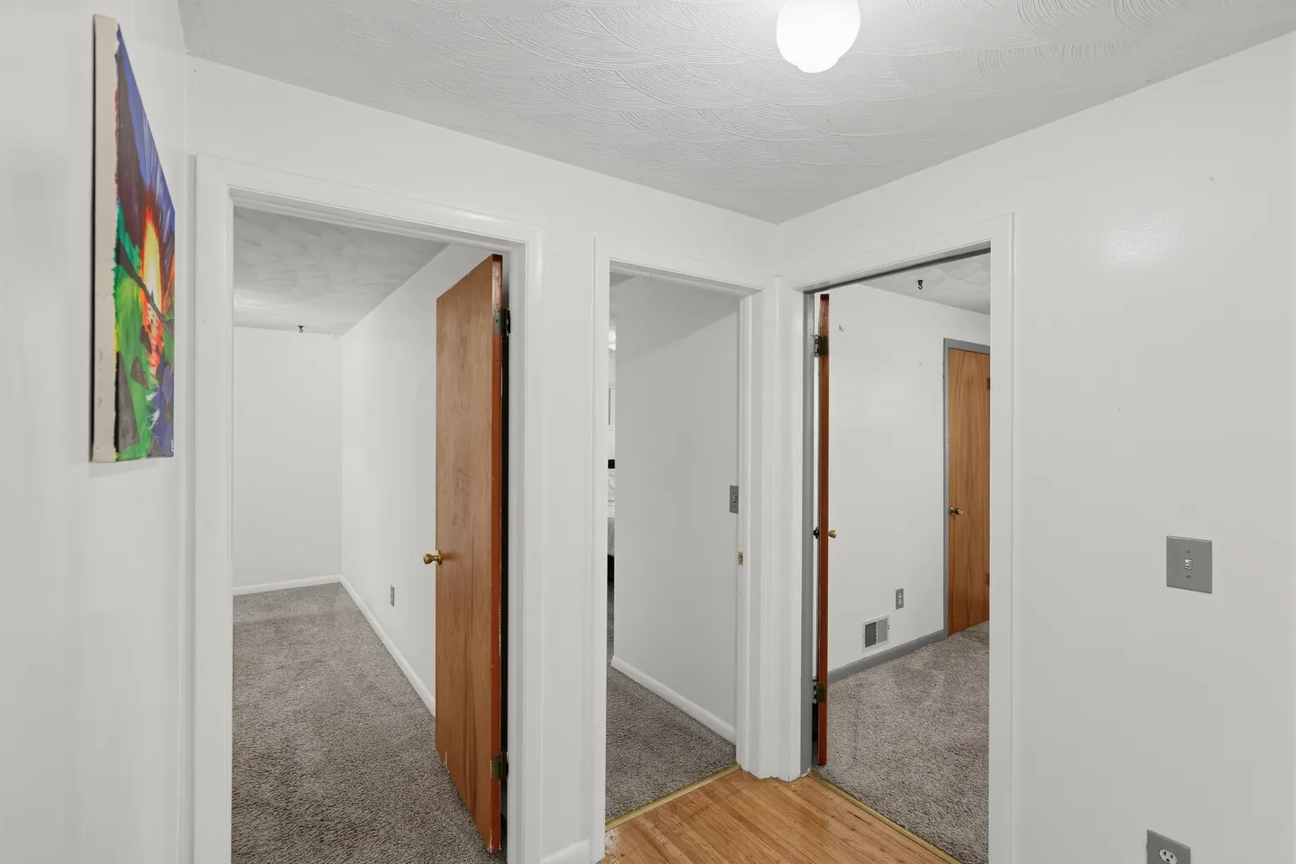 Hallway with wood-look flooring leading to three doorways into carpeted rooms.