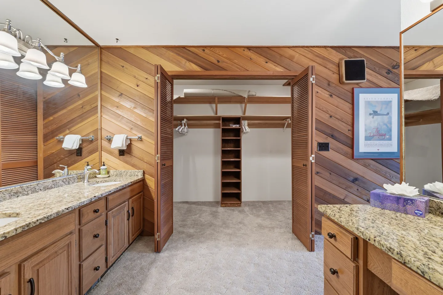 Bathroom vanity area featuring wood-paneled walls and an open walk-in closet with built-in shelving.