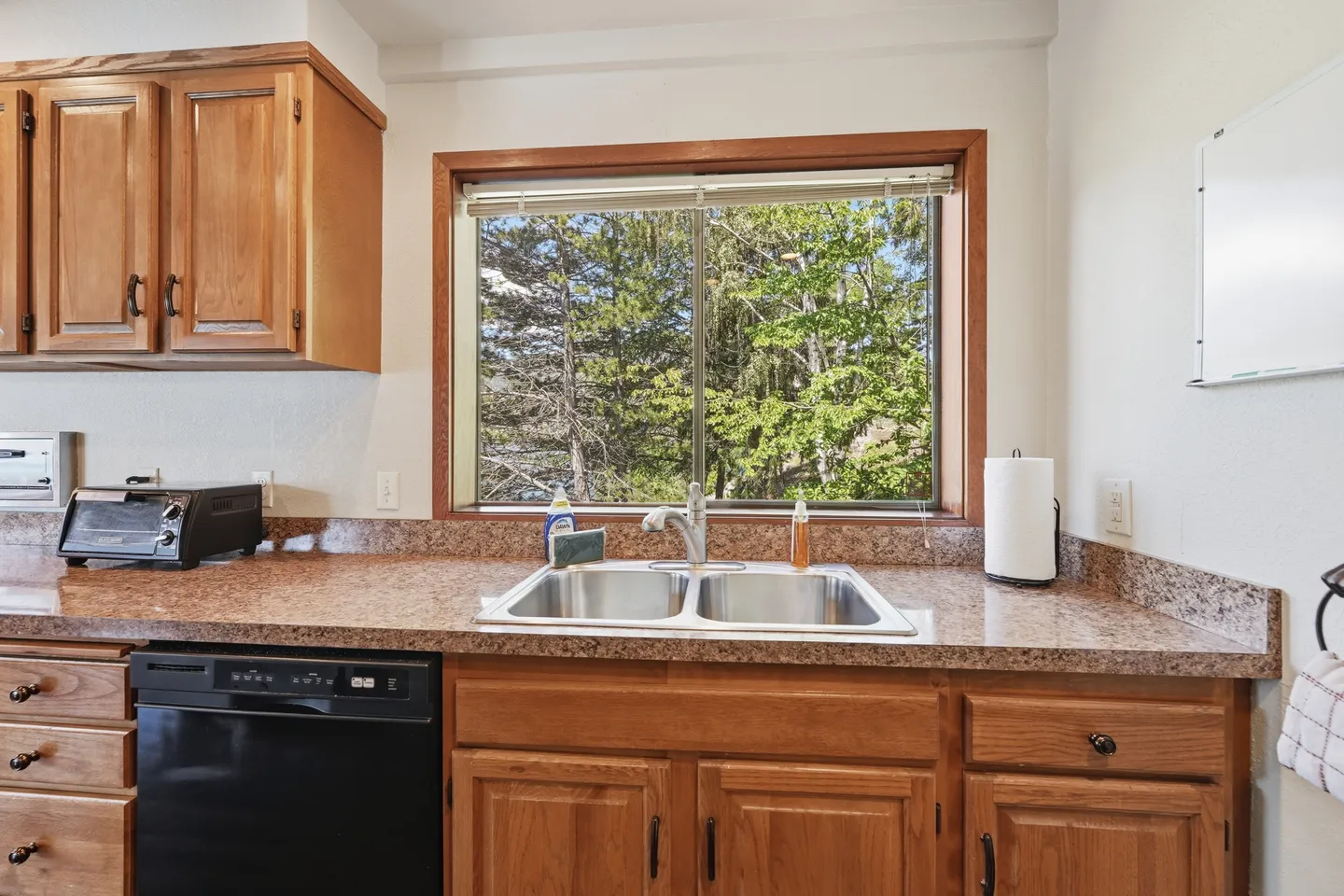 Kitchen counter with a double stainless steel sink below a window framed in wood looking out to trees.