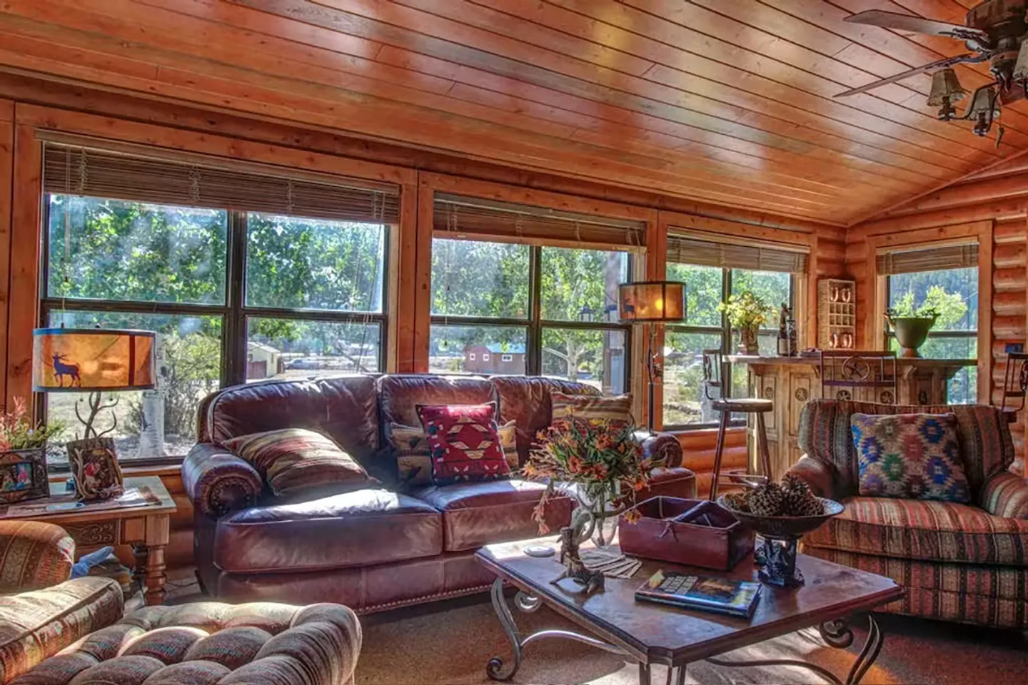 Rustic living room with wood-paneled walls and ceiling, a brown leather sofa, patterned armchairs, and a home bar in the corner.