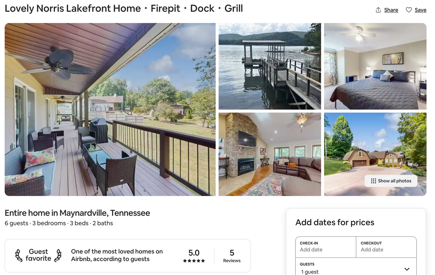 Listing page overview showing a collage of photos including a covered deck, lake dock, bedroom, living room, and driveway.