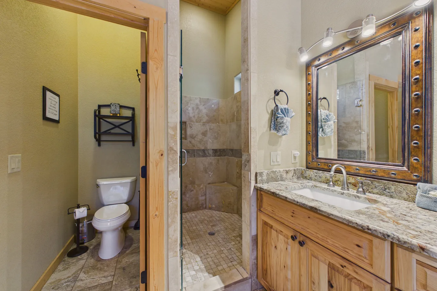 Bathroom showing a wooden vanity with granite countertop, framed mirror, tiled walk-in shower, and a separate water closet with toilet.