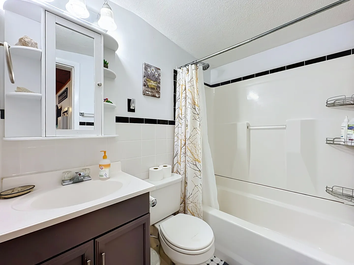 Bathroom with dark vanity, white countertop, medicine cabinet, toilet, and bathtub with white shower surround and patterned shower curtain.
