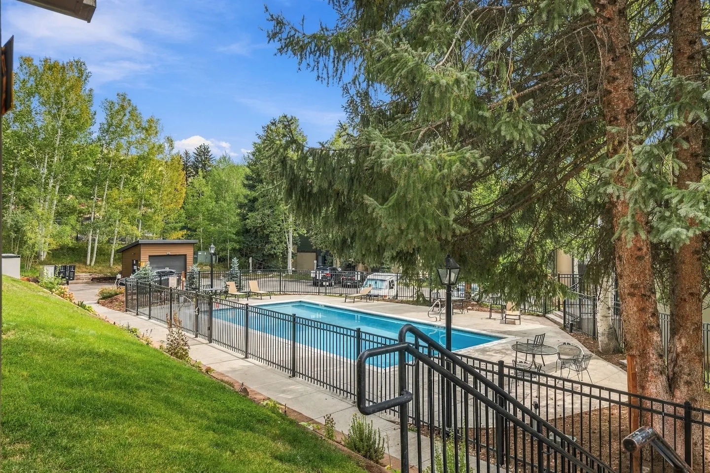 Elevated view of a fenced outdoor swimming pool surrounded by a patio, trees, and grassy lawn.