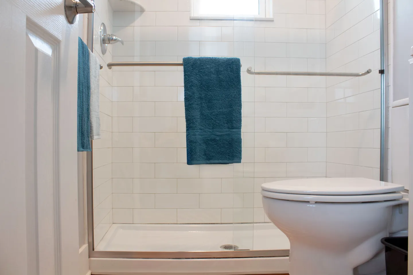 Bathroom with a glass-enclosed walk-in shower lined with white subway tiles next to a white toilet.