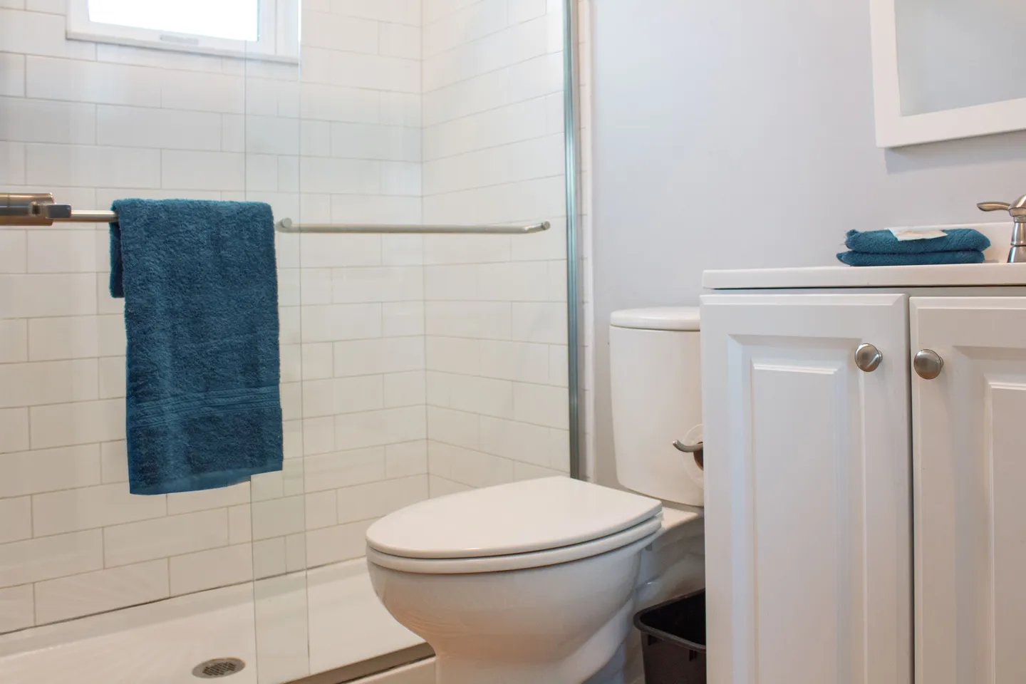 Bathroom showing a glass-enclosed walk-in shower with white subway tile, a white toilet, and the edge of a white vanity.