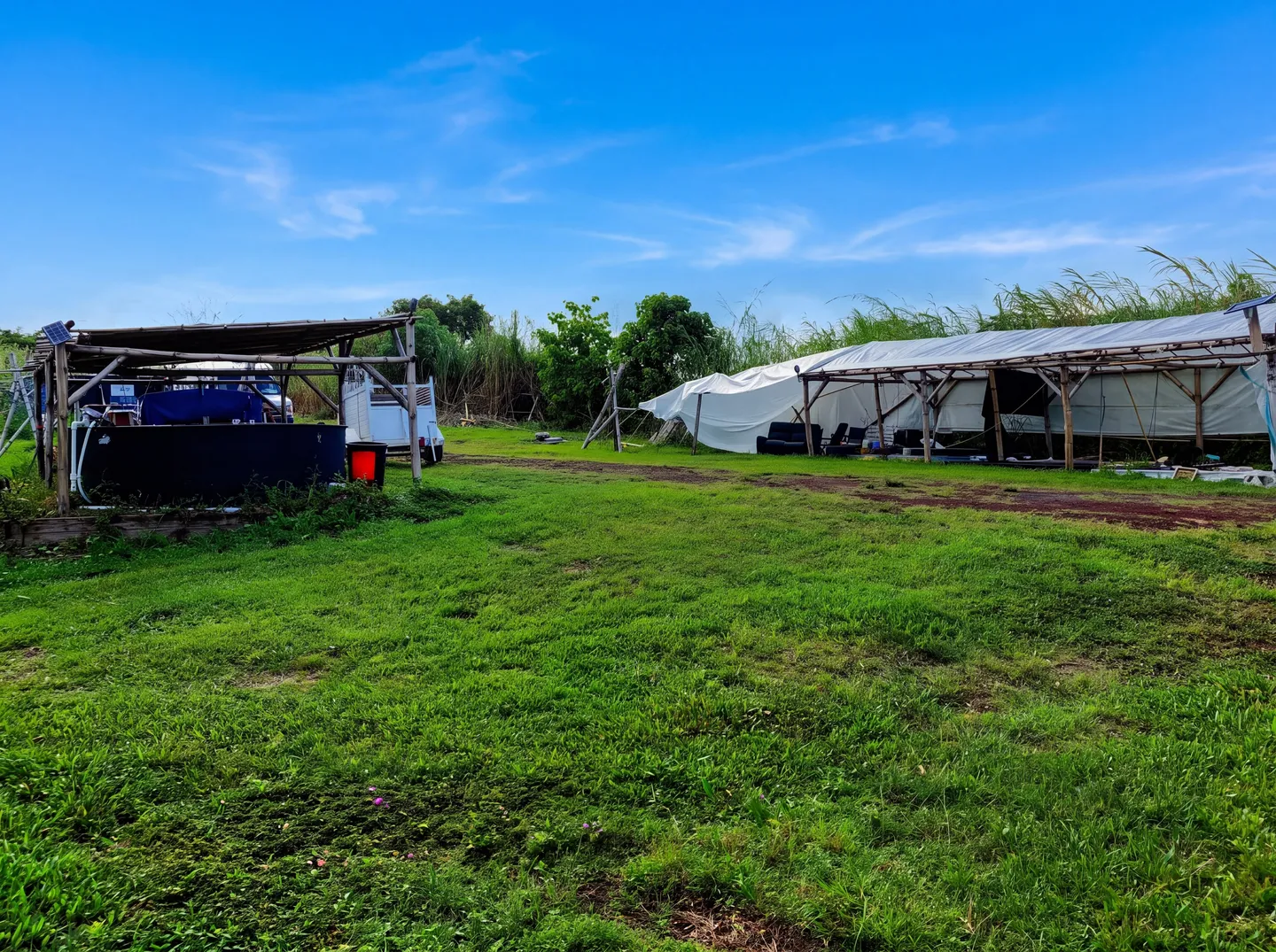 Open grassy yard with makeshift sheltered structures and a round tank under a blue sky.