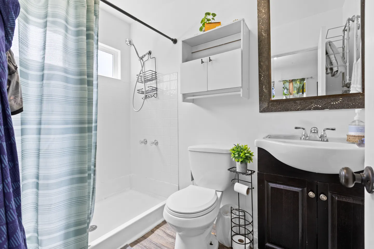Bathroom with a walk-in shower, toilet, dark vanity with sink, mirror, and small wall cabinet.