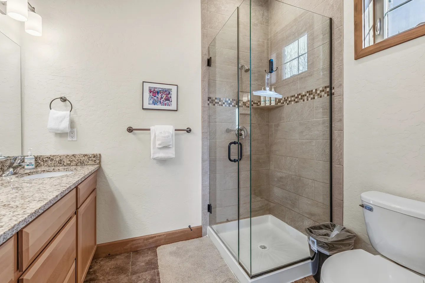 Bathroom with a glass-enclosed walk-in shower, toilet, and vanity with speckled countertop.