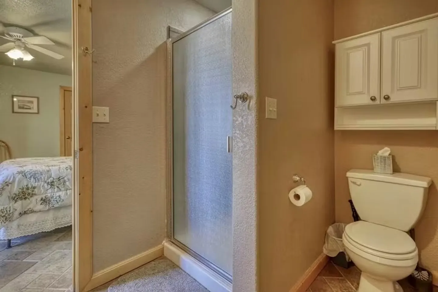 Bathroom with a toilet, frosted glass walk-in shower, and an open doorway leading to a bedroom.