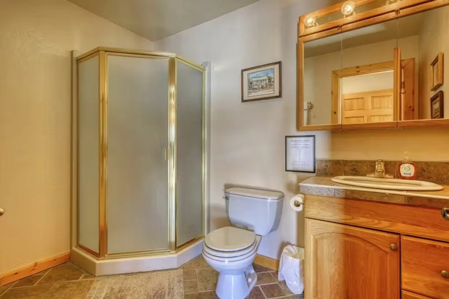 Bathroom featuring a corner shower with frosted glass doors, a toilet, and a wood vanity with an illuminated mirror cabinet.