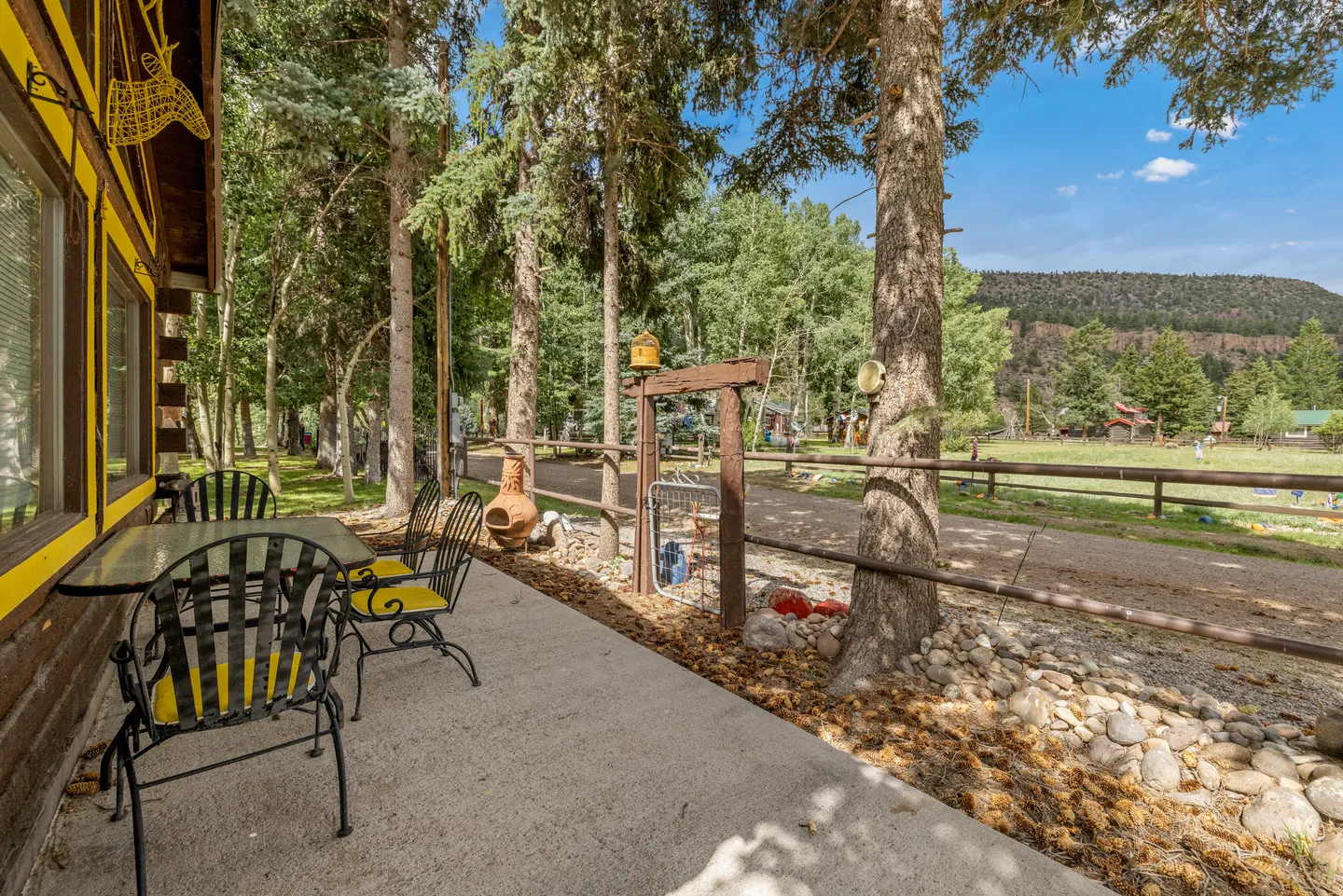 Outdoor concrete patio with patio chairs and a table alongside a log cabin facing a yard with tall pine trees and a fence.
