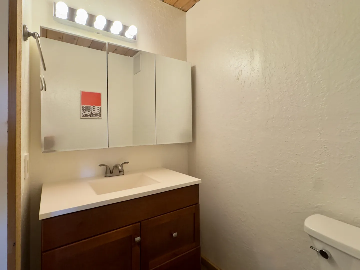 Bathroom vanity with a dark wood cabinet, white countertop, three-panel mirror cabinet, and overhead strip lighting.