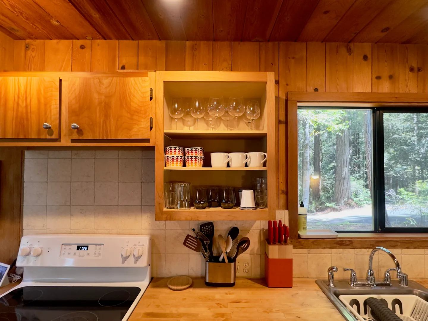 Kitchen counter area with wood paneling, open shelving with glassware and mugs, a white electric range, and a window looking out onto trees.