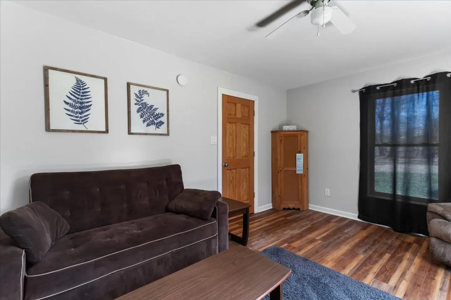 Living room with brown sofa, wooden coffee table, wood-plank flooring, framed fern art on light grey walls, and a window with dark curtains.