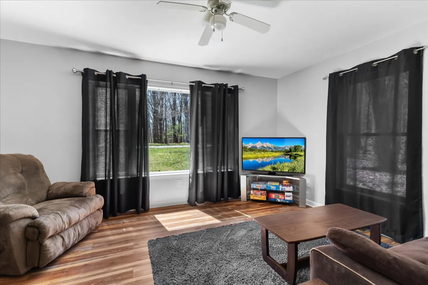 Living room with wood-style flooring, a TV in the corner displaying a nature scene, an armchair, and a window with black curtains looking out to trees.