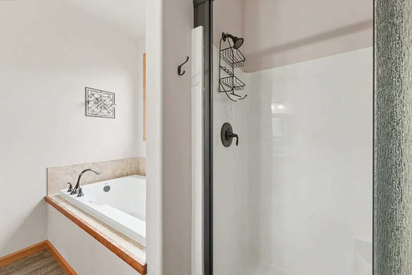 Bathroom showing a walk-in shower stall with a glass door next to a built-in soaking tub.