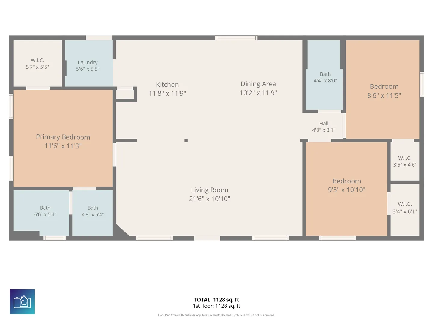 2D floor plan diagram displaying the layout of the home including the living room, kitchen, three bedrooms, and bathrooms.