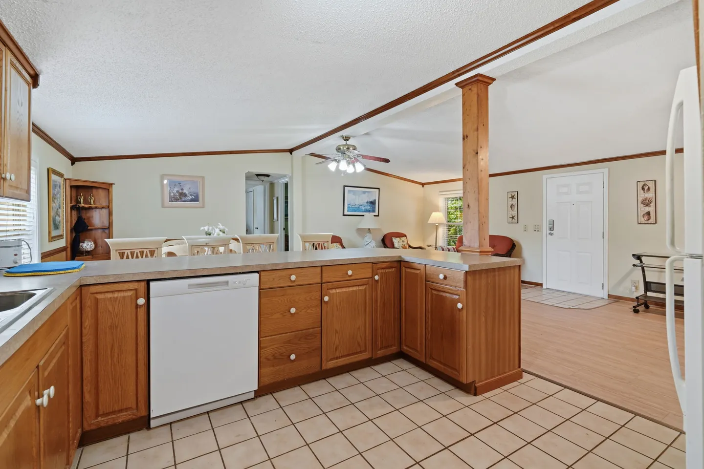 Kitchen counter and cabinets looking out towards the open-concept dining area and front entrance.