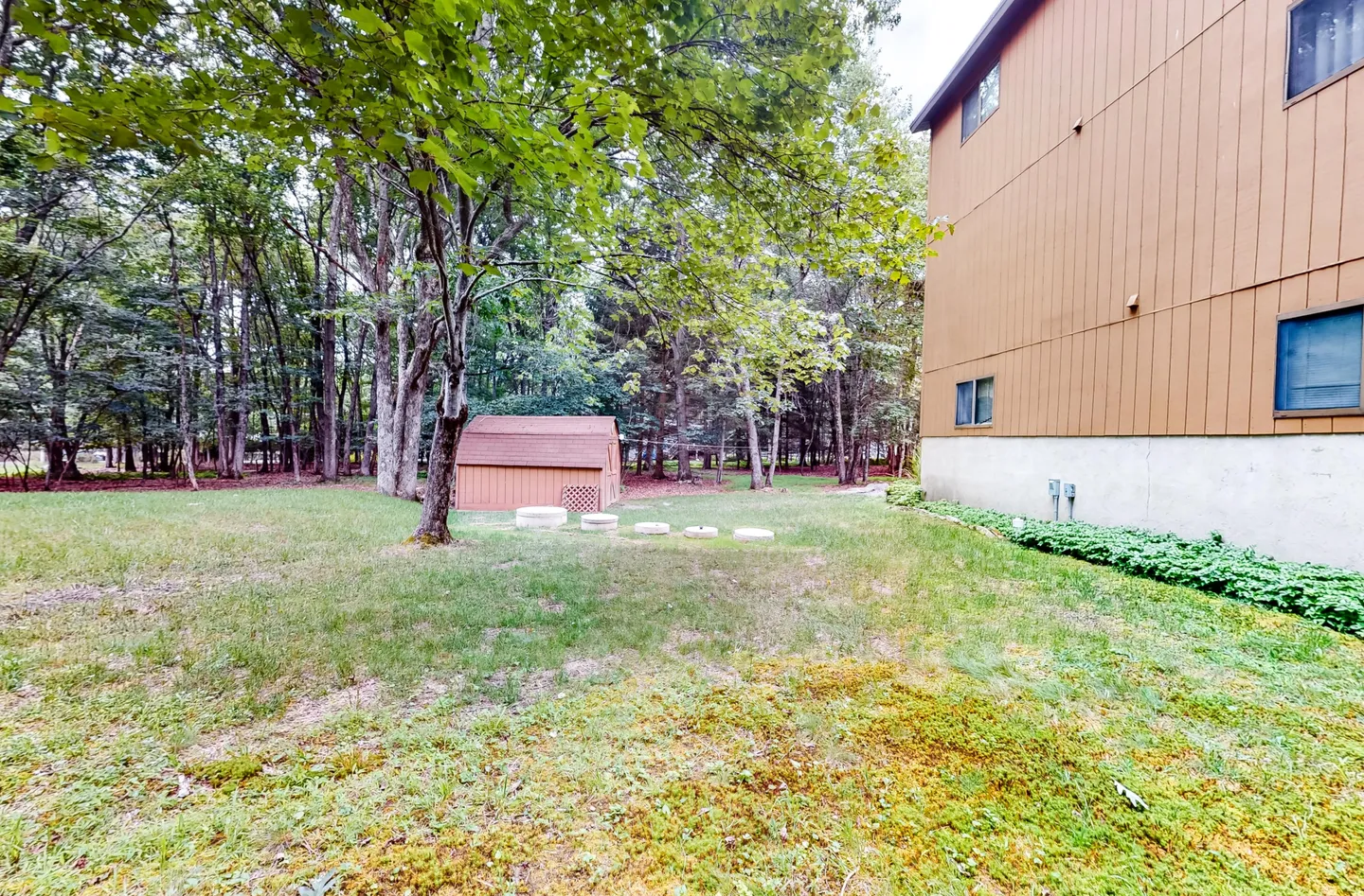 A backyard view showing a lawn, the side of a brown-sided house, stepping stones, a wooden shed, and a surrounding forest.