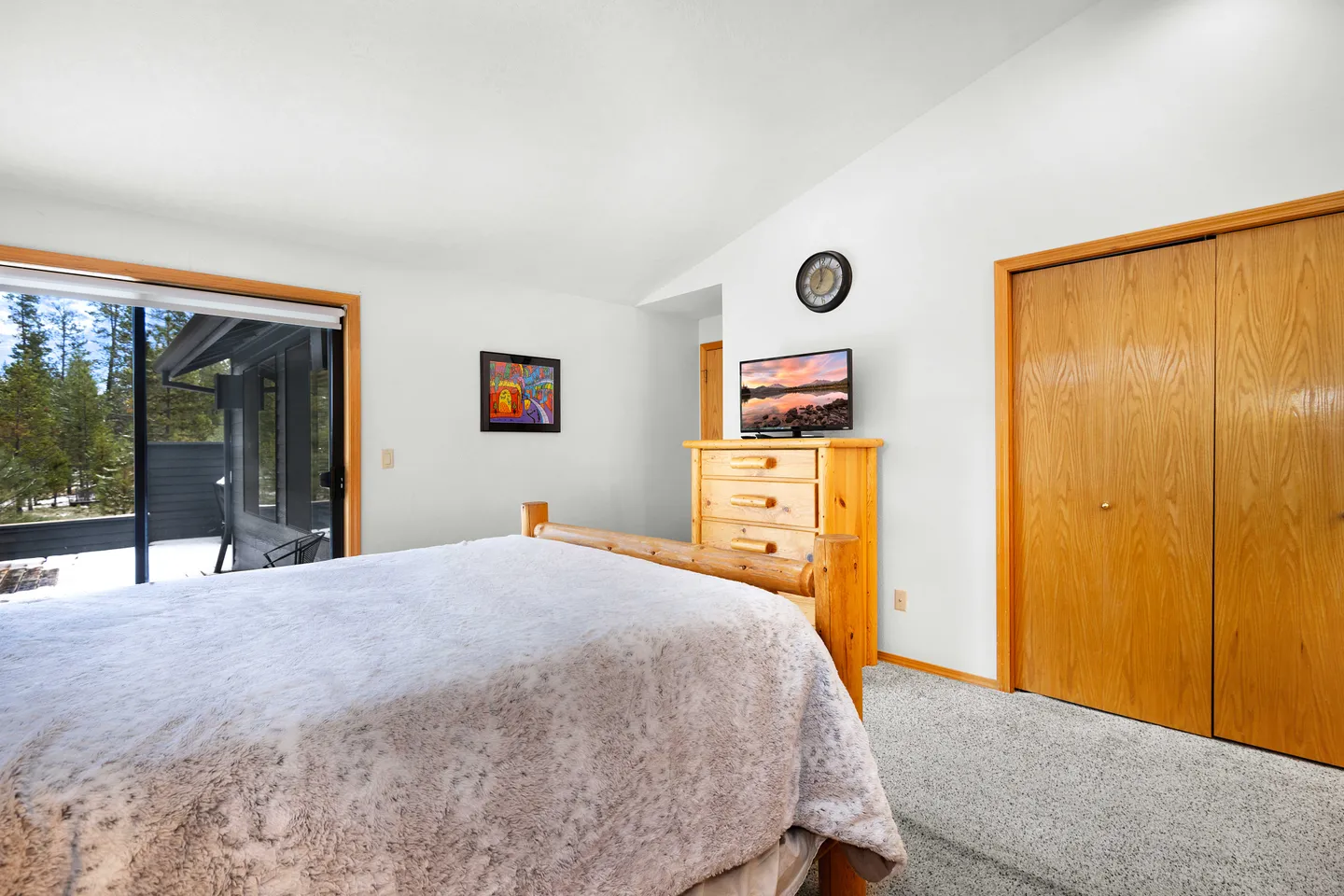 Bedroom with a log-style bed, carpet flooring, a wooden dresser with a television, and sliding glass doors leading to an outdoor deck.