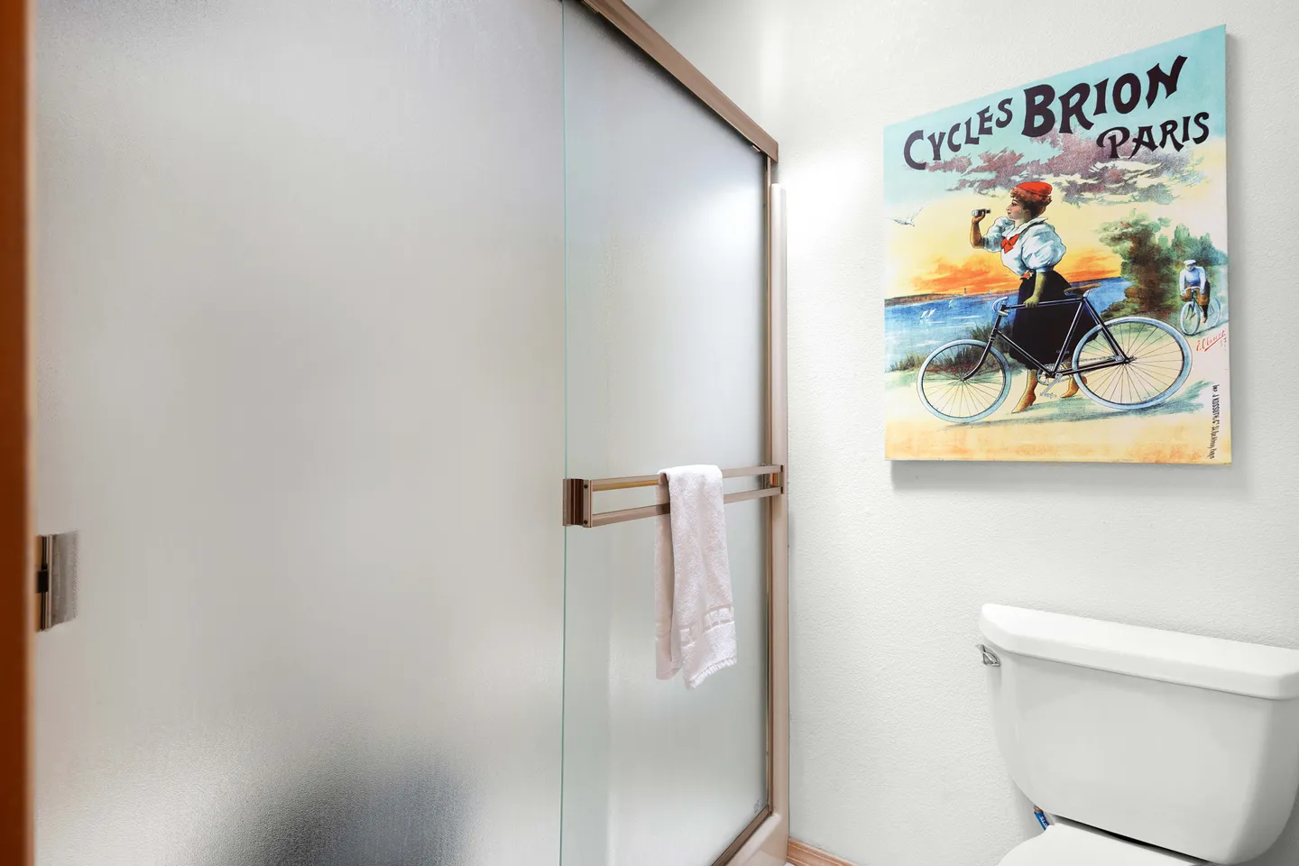 Bathroom showing frosted glass sliding shower doors with a towel bar, next to a white toilet and vintage bicycle wall art.